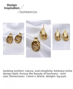 Detail view of triple-ring interlocking earrings with matte stud, 13x20mm gold-plated design
