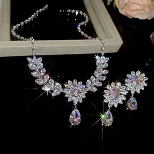 Sparkling zircon flower and water drop pendant necklace and earrings luxury jewelry set