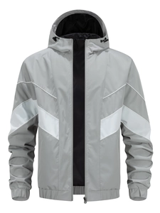 Giacca casual da uomo con cappuccio grigio chiaro e motivo patchwork bianco a V
