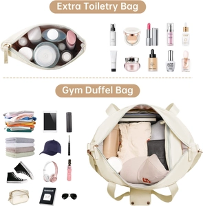Detail view of large capacity beige gym duffel bag set with matching toiletry pouch