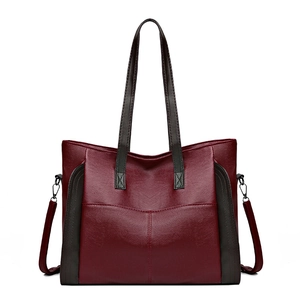 Large capacity wine red soft PU leather tote bag with lychee texture and brown handles