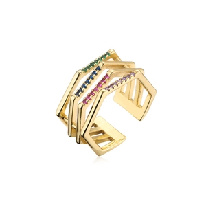 Geometric multilayer open ring in 18K gold plating with vibrant multicolored zircon stones