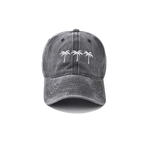 Vintage washed dark grey cotton baseball cap with white coconut tree embroidery