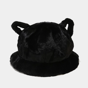 Detailed view of the fuzzy black fisherman hat with cute cat ears in soft faux fur