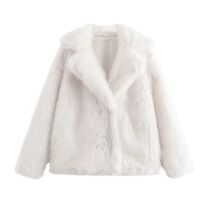 Detailed close-up showing high-density white faux fur texture on a cropped lapel jacket