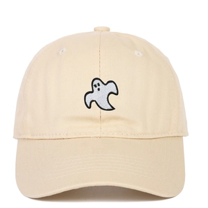 Close-up of beige cotton baseball cap featuring ghost embroidery and classic curved brim
