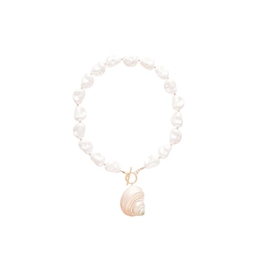 Baroque pearl beaded necklace with spiral shell pendant and gold OT toggle clasp