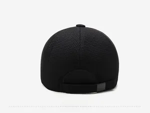 Rear view of black flat cap for men with adjustable strap and textured warm fabric
