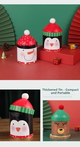 Detail of Christmas tin storage box with snowman reindeer motifs and plush ball cap