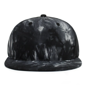 Detailed front view of children's flat-brim hip hop hat with black-grey tie-dye pattern