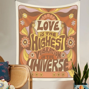Retro boho wall tapestry with Love Is The Highest Vibration quote for room decoration