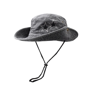 Foldable dark grey washed cotton sun hat with rhinestone stars and windproof strap