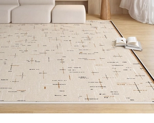 Modern abstract minimalist rug with cross pattern on light wood floor next to sofa