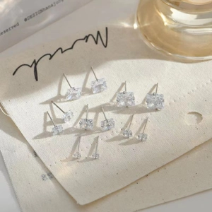 Minimalist S999 silver square zircon stud earrings set in six various sizes