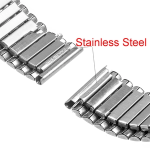 Macro view of silver stainless steel stretch watch band with polished finish detail