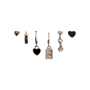 6-piece silver heart and square tag earring set with black enamel and minimalist design