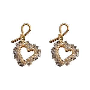 Golden heart-shaped drop earrings with faux pearls and crystals on white background