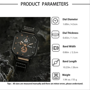 Detailed view of square men's watch with black leather strap and product dimension specs