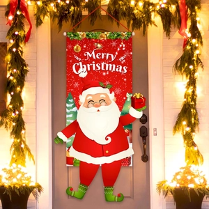 Bannière de porte rouge Joyeux Noël avec Père Noël et décorations festives extérieures