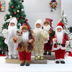 Santa Claus Figurine Cloth Faux Fur Christmas Decor Standing Doll Holding Gift Bag Lantern Traditional Festive Ornament