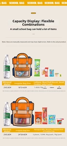 Detailed size chart showing capacity and dimensions for cartoon snack gift bags