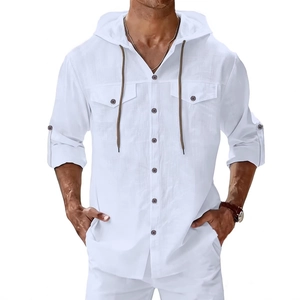Chemise à Capuche Décontractée pour Hommes Mélange de Coton et Lin Manches Longues Boutonnée avec Poches Respirante Unie