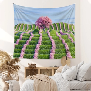 Bohemian landscape tapestry with pink cherry blossom tree for bedroom wall decor