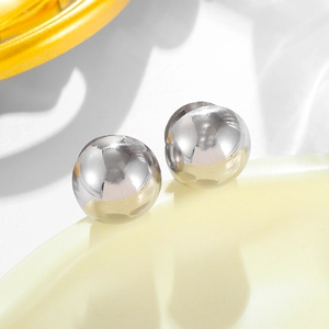 Polished silver stainless steel ball C-shape earrings for women with minimalist finish