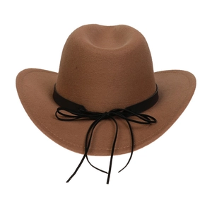 Detail of a brown felt western cowboy hat featuring a black decorative band and bow