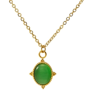 French vintage 18K gold stainless steel sun pendant necklace with green cat eye stone