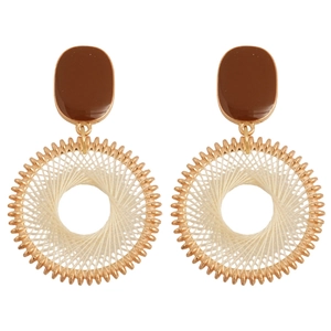 Bohemian drop earrings with brown resin and ivory woven mesh detail in gold hoop frame
