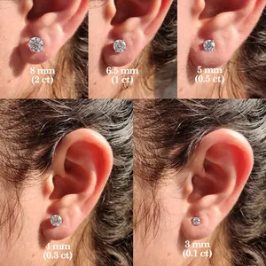 Moissanite stud earrings size chart showing diameter and carat weight for five options