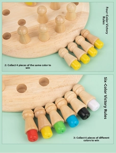 Detail of wooden memory chess game showing colorful pegs on a round wood base