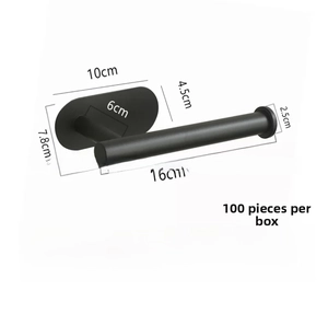Detail of matte black stainless steel paper towel holder with dimensions and mounting base