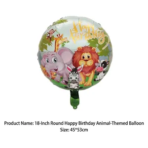 18-inch round animal happy birthday foil balloon with jungle lion and giraffe graphics