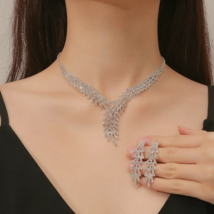 Elegant Leaf Rhinestone Necklace And Earrings With Silver Earring Post For Women Banquet Wedding Formal Dress