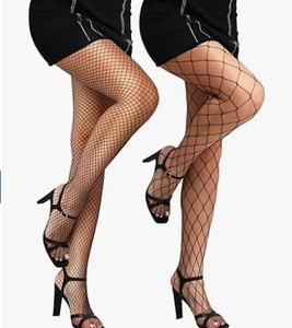 Detail view comparing fine mesh and large hole fishnet tights in black stretch fabric