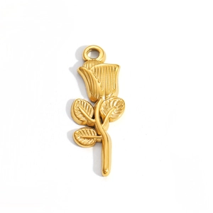 Detailed close-up of a 18K gold plated stainless steel rose flower pendant with stem