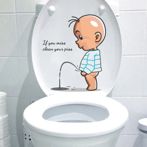 Funny boy urinating sticker on white toilet lid with English warning text quote