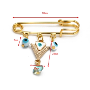 Detailed size map of gold pin brooch with blue evil eye and triangle palm charms