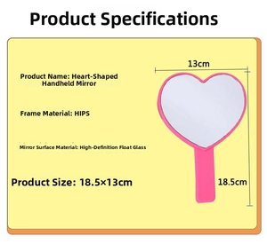 Detail view of pink heart-shaped hand mirror with HIPS frame and HD glass specifications