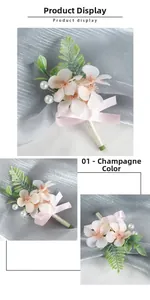 Close-up of champagne silk hydrangea boutonniere with pearls and pink satin ribbon