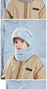 Detail of children's fleece hood scarf and quilted jacket for winter outdoor protection