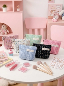 Petit porte-monnaie élégant en tweed pastel avec fermeture éclair pour cosmétiques