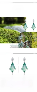 Macro detail of kite-cut green moss agate earrings in S925 sterling silver mounting