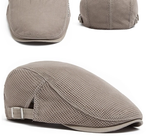 Three-angle view of khaki mesh newsboy cap showing breathable texture and side metal buckle
