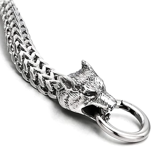 Vintage stainless steel Franco link bracelet with detailed Viking wolf head clasp