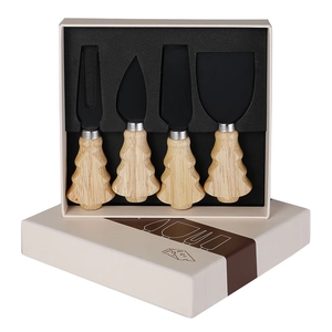 4-piece stainless steel cheese knife set with Christmas tree wooden handles in a gift box