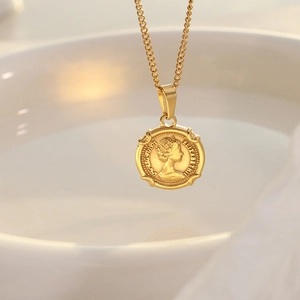 French palace style golden coin necklace with Queen Elizabeth II relief portrait pendant