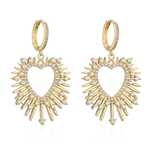 18K gold plated copper heart drop earrings with radiant clear zircon stones on white background